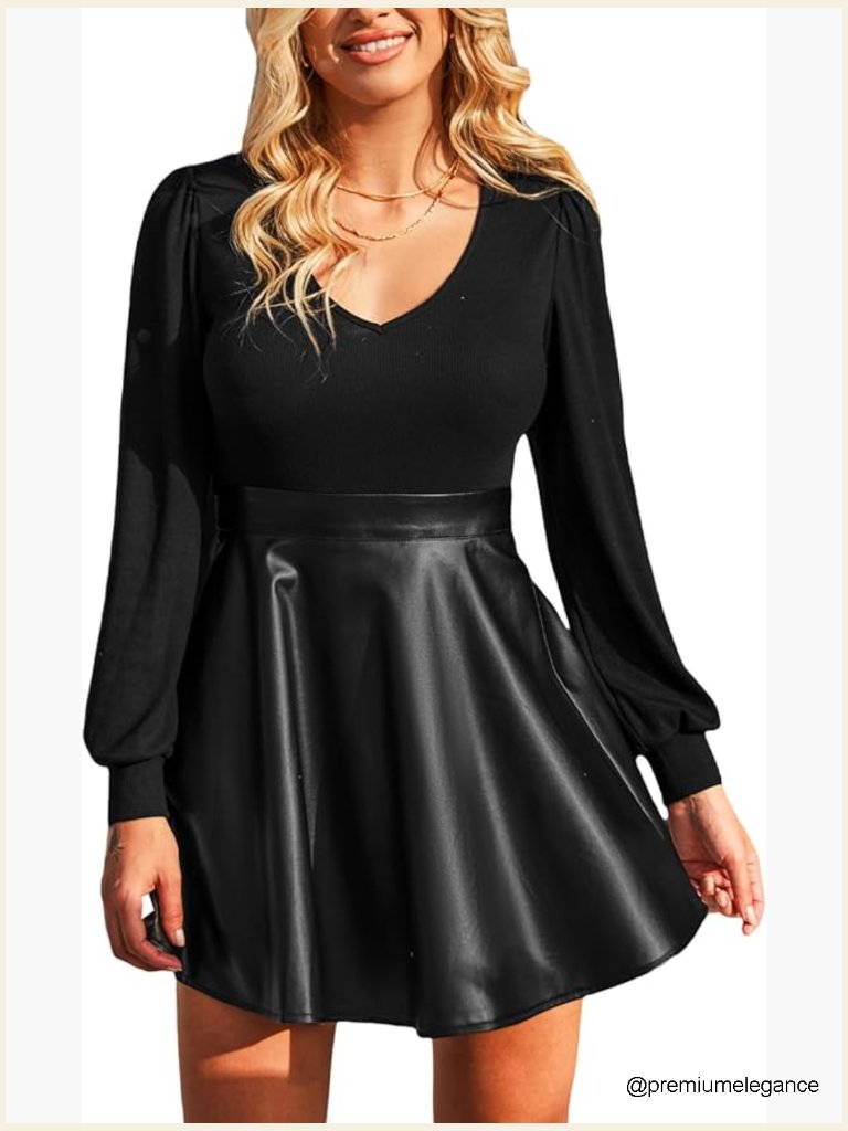 Long Sleeve Mini Dress V Neck High Waist A Line Ruffle Faux Leather